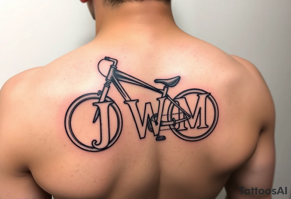 A stylized recumbent with integrated frame lettering spelling out JWM 4” long. tattoo idea