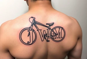 A stylized recumbent with integrated frame lettering spelling out JWM 4” long. tattoo idea