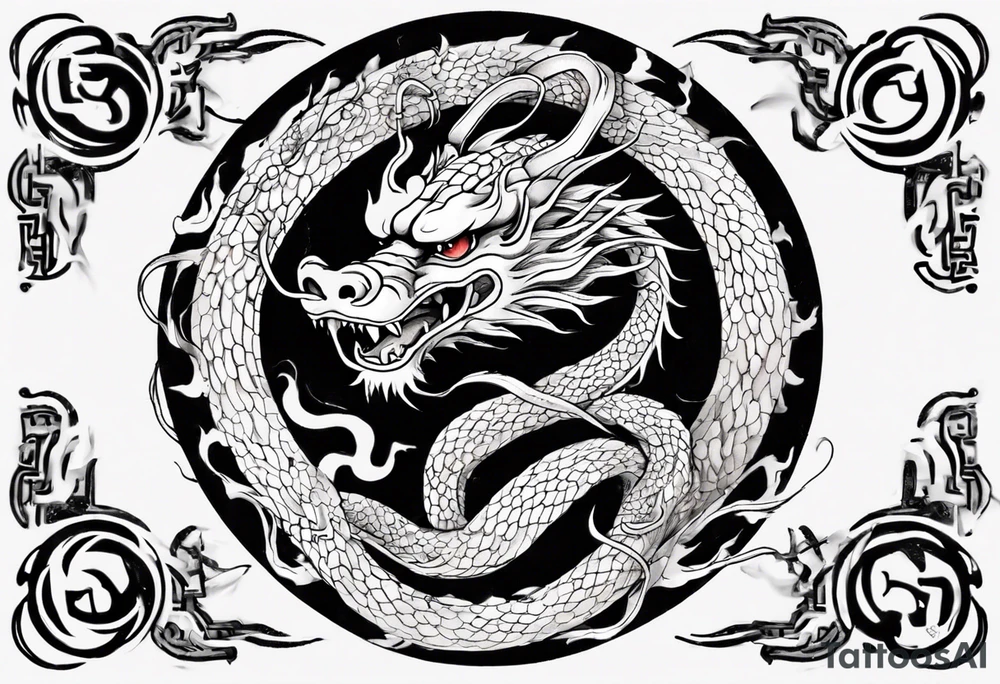 Chinese dragon in a circular shape with "02.03" written on its skin tattoo idea