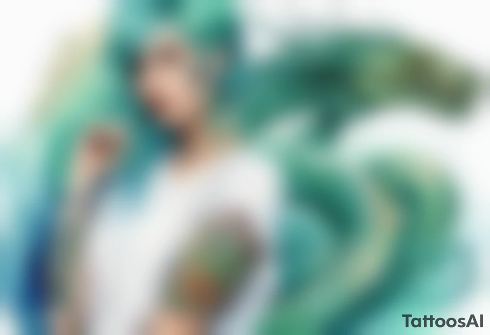 a sea serpent next to a women with blue-green hair wearing a white tunic tattoo idea