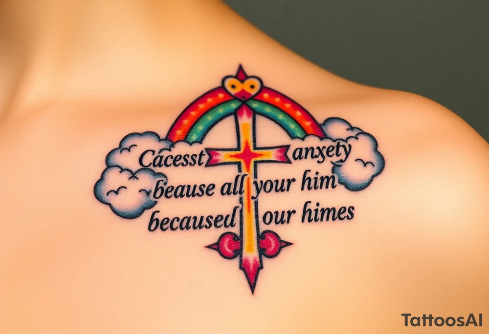 cast all your anxiety on him because he cares for you"  surrounded with clouds and cross tattoo idea