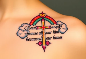 cast all your anxiety on him because he cares for you"  surrounded with clouds and cross tattoo idea