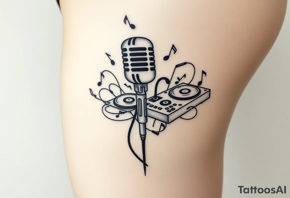 Microphone turntables and music notes graffiti style on a woman's thigh tattoo idea