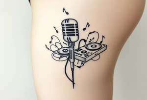 Microphone turntables and music notes graffiti style on a woman's thigh tattoo idea