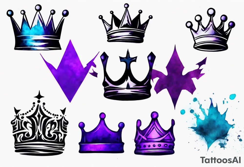 A tattoo of a minimalistic black crown and some negative space on a water color background of purple and blue. tattoo idea