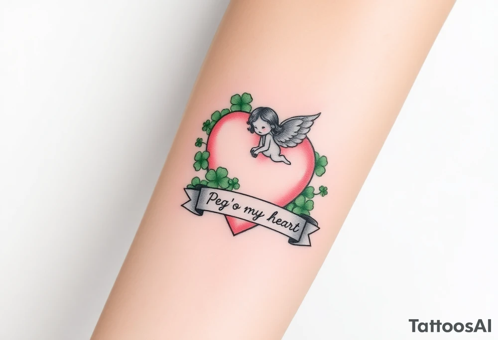a big pale pink heart and a cute angel in a bunch of green shamrocks, with a banner across the heart that says Peg 'o My Heart tattoo idea