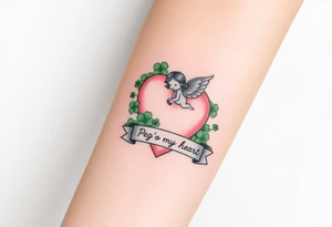 a big pale pink heart and a cute angel in a bunch of green shamrocks, with a banner across the heart that says Peg 'o My Heart tattoo idea
