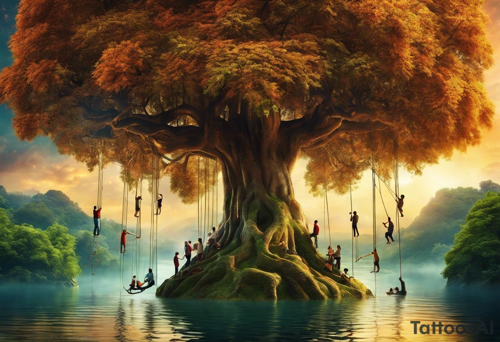 utopia picture of a tree at one level where above the surface is a group of people living in prosperity surrounding a tree. Below the surface the roots of the tree go down and turn into ropes and people are climbing these ropes to try and reach the above the surface. below the people climbing the ropes is hell, wih depicting of war slavery and death. going back to the top, above the tree is a perfection or heaven / nirvana. . include alchemical and occult symbols to depict this journey to enlightenment like religious or astrolligcal symblol. make it a full body tattoo stencil where the top of the tree would be at the chest and the ropes at the legs. tattoo idea
