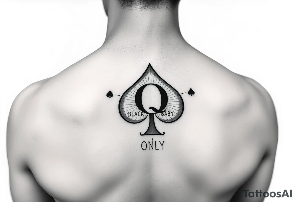 A spade womb tattoo with a Q in the center, with three points around the outside. The first reading, "BLACK". The second reading, "BABY". The third reading, "ONLY". tattoo idea