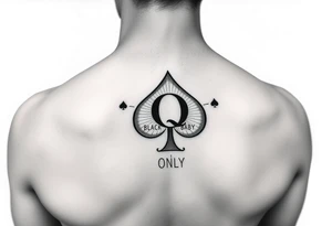 A spade womb tattoo with a Q in the center, with three points around the outside. The first reading, "BLACK". The second reading, "BABY". The third reading, "ONLY". tattoo idea