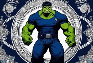 The hulk, wearing a dark blue police uniform. The uniform is tattered on the arms and knees. tattoo idea