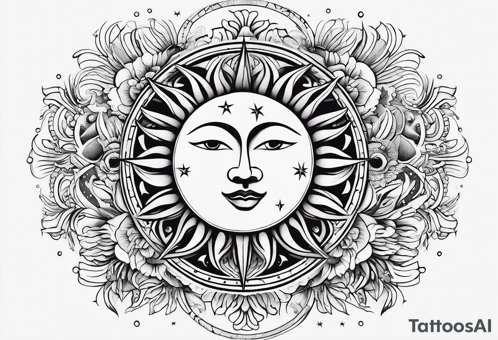 sun, moon and weird symbols tattoo idea