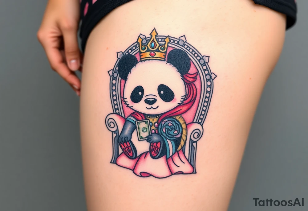 powerful superior panda with a crown, sexy princess on a throne holding hand out to be handed money tattoo idea