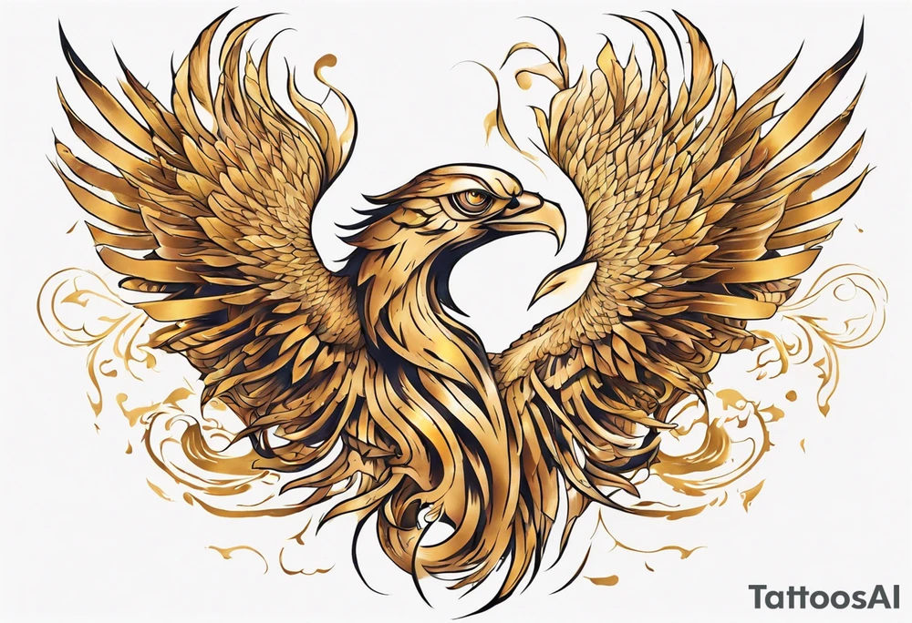 Sleeve tattoo on a woman's arm. Gold Phoenix tattoo idea