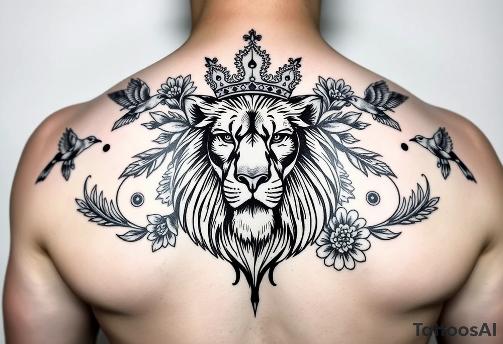 powerful majestic lion with a crown, surrounded by floral ornaments and birds tattoo idea