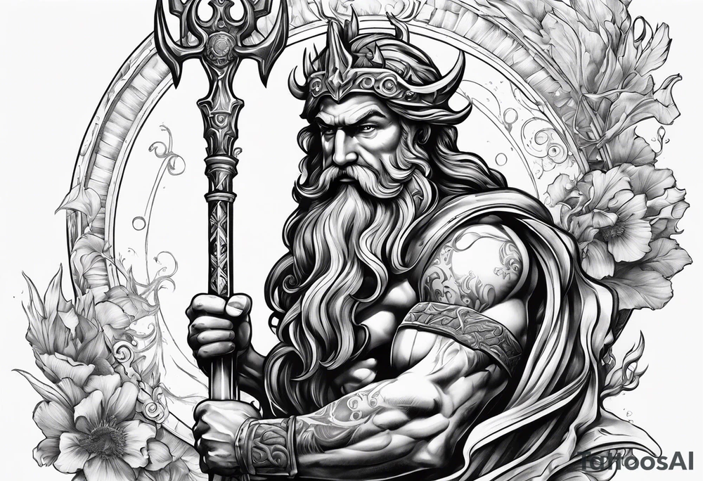 poseidon with mechanic trident and mechanic arm tattoo idea