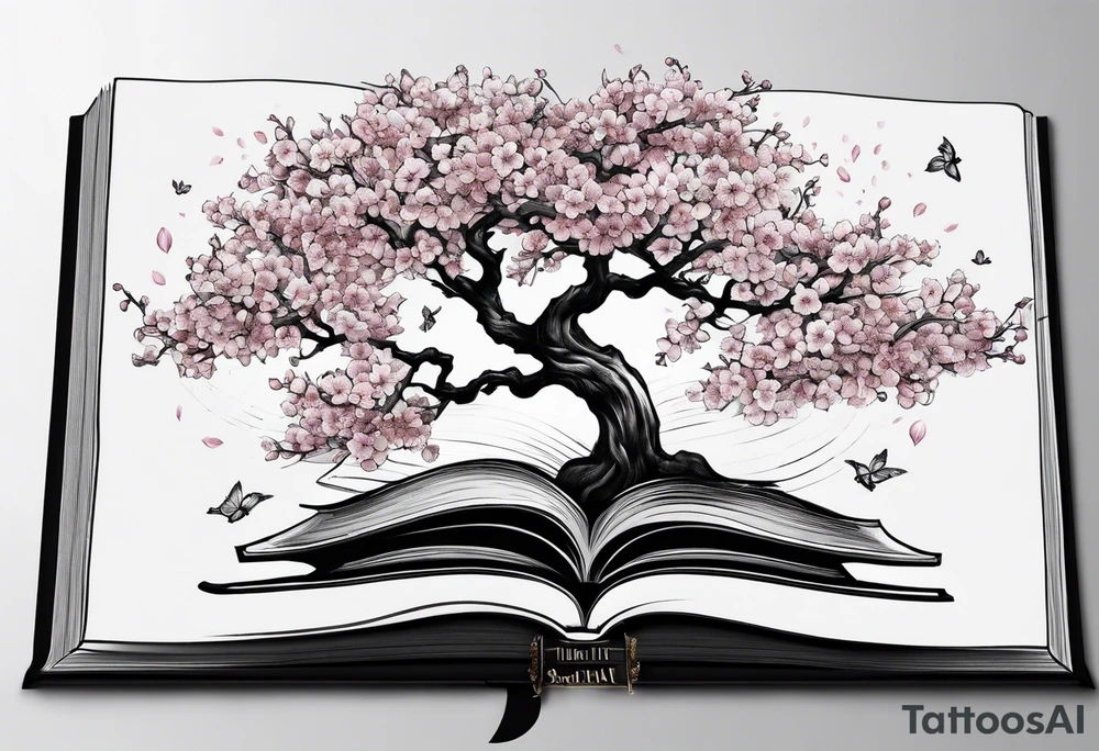 Cherry blossom tree growing out of an open book tattoo idea