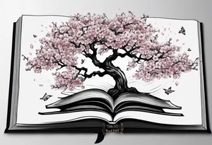 Cherry blossom tree growing out of an open book tattoo idea