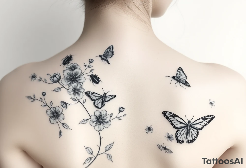 Flowers crawling on vines lady bugs dragon flys butterflies and hummingbirds tattoo idea