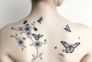 Flowers crawling on vines lady bugs dragon flys butterflies and hummingbirds tattoo idea