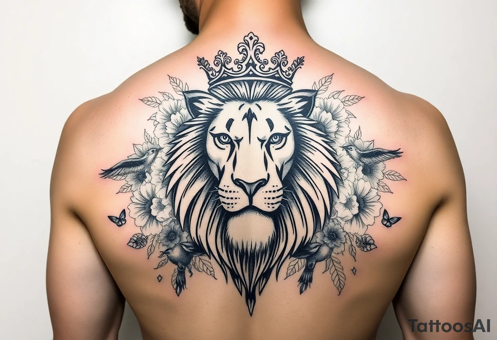 powerful majestic lion with a crown, surrounded by floral ornaments and birds tattoo idea