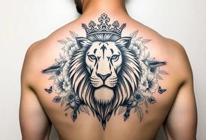 powerful majestic lion with a crown, surrounded by floral ornaments and birds tattoo idea