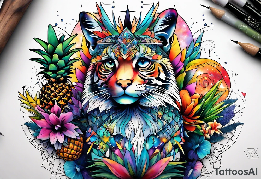 Animals in Amsterdam featuring colours of the universe and galaxies and pineapple tattoo idea