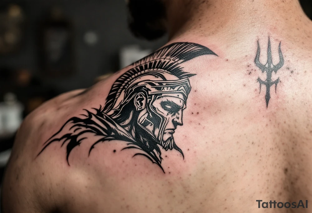 realistic spartan with trident tattoo idea