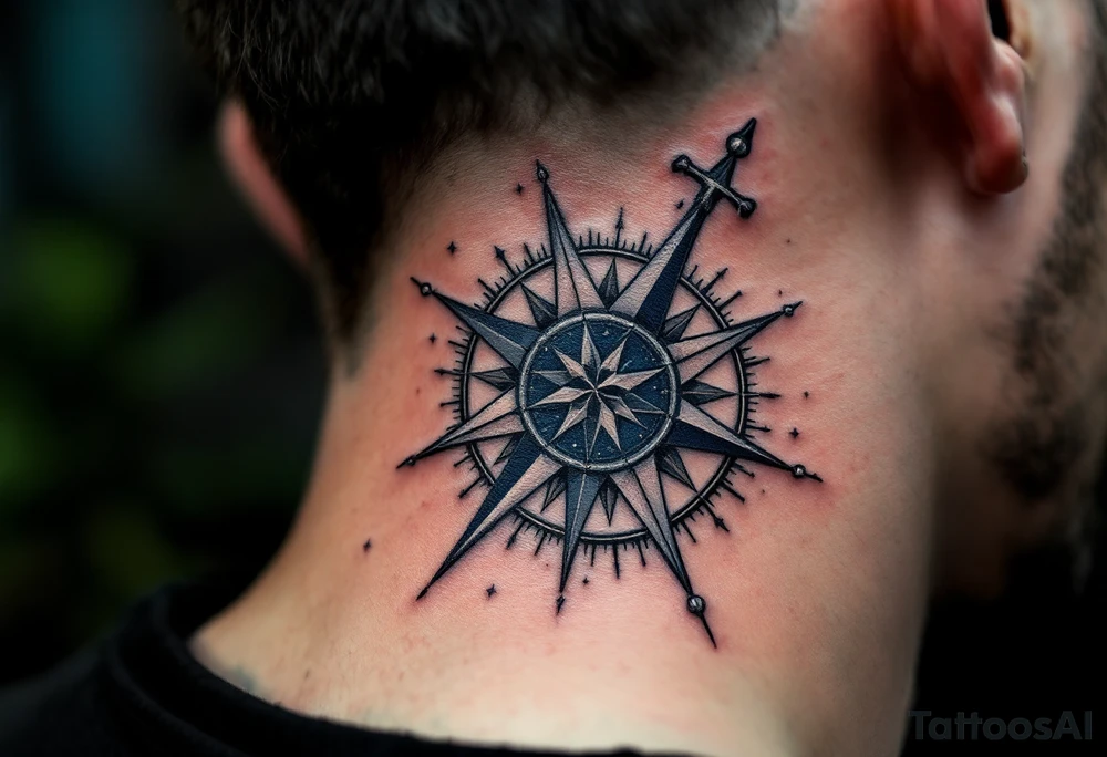 A classic black family tattoo beneath a compass rose with deep navy and silver accents. tattoo idea