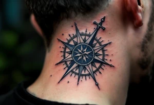 A classic black family tattoo beneath a compass rose with deep navy and silver accents. tattoo idea