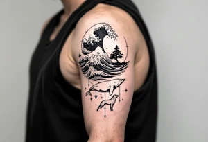 Fine line powerful ocean half sleeve with a wave, a whale, a Joshua tree, and a dog as separate elements connected by geometric patterns tattoo idea