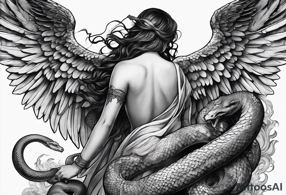 Full back piece depicting the biblically accurate angels above killing a snake tattoo idea
