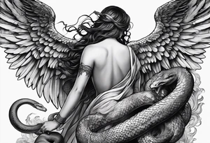 Full back piece depicting the biblically accurate angels above killing a snake tattoo idea