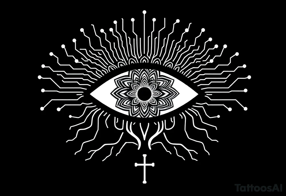 Central Element: A large, stylized eye is the focal point.
	•	The iris of the eye is filled with a mandala pattern, symbolizing depth, balance, and inner awareness.
	•	The lines are fine and clean, forming symmetrical layers and floral-like geometry within the mandala.
	•	Upper Design: From the top of the eye extend circuit-like branches, mimicking electronic pathways.
	•	These lines rise vertically and diagonally in symmetrical fashion, ending in rounded circuit nodes, representing intelligence, logic, and the digital mind.
	•	Lower Design: From the bottom of the eye extend natural tree roots.
	•	These branches flow organically and curve outward, grounding the symbol with themes of nature, growth, and spiritual connection.
	•	Text Element: Below the tree roots is the word “σοφία” in Ancient Greek, meaning wisdom.
	•	The font is clean and classical, giving it a timeless, philosophical presence.
	•	Religious Symbol: Directly below the Greek word is a simple, black cross.
	•	The cross is thin, minimal, and vertically aligned with the center of the eye, representing faith, spirituality, or divine guidance.
	•	Placement: on the back tattoo idea
