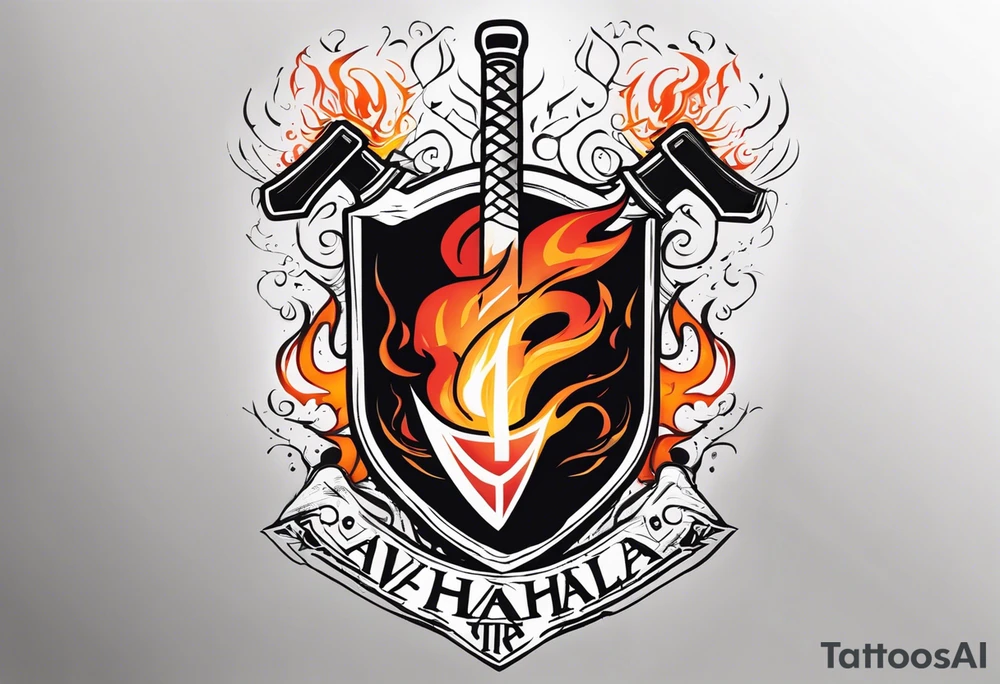 valhalla on fire battle 
sword shield axe tattoo idea