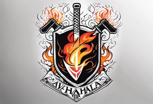 valhalla on fire battle 
sword shield axe tattoo idea