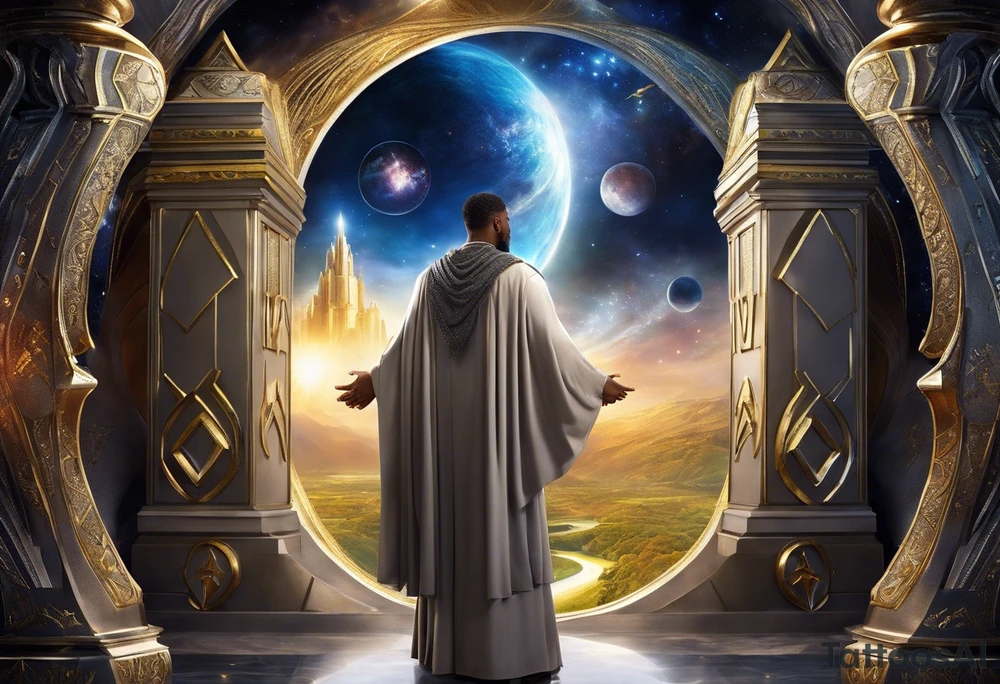 Jehovah looking out at the marvels of his creation from the atoms to the galaxy and celestial beings. With grey wash and a fantasy theme. Jehovah has to be a character who is so majestic, charismatic, immensely powerful. There isnt a single thing he isnt capable of doing. Infinitely powerful forward facing. Without the pagan styled attire and without the pagan symbols etcetera, shirtless, large muscular athletic physique, deep muscle definition tattoo idea