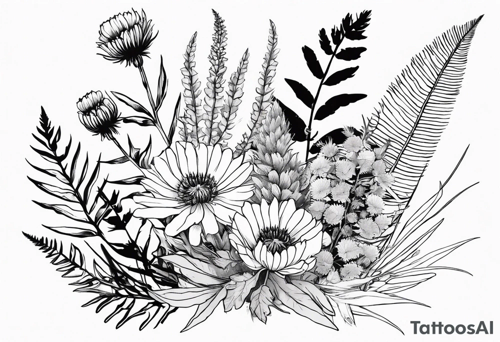 spread out mixed wildflower bouquet with ferns, thistle and with rcolor tattoo idea