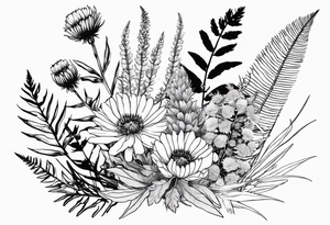 spread out mixed wildflower bouquet with ferns, thistle and with rcolor tattoo idea