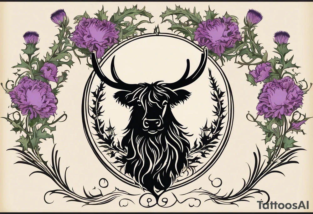 I want to create a tattoo of a personal coat of arms surrounded by thistle and heather. the top portion in the coat of arms is the Scottish highlands. For the coat of arms, 4 points are music, highland cow, thistle/heather, and border collie head/ears silhouette. I would also like a rosary incorporated and a scroll of the serenity prayer tattoo idea