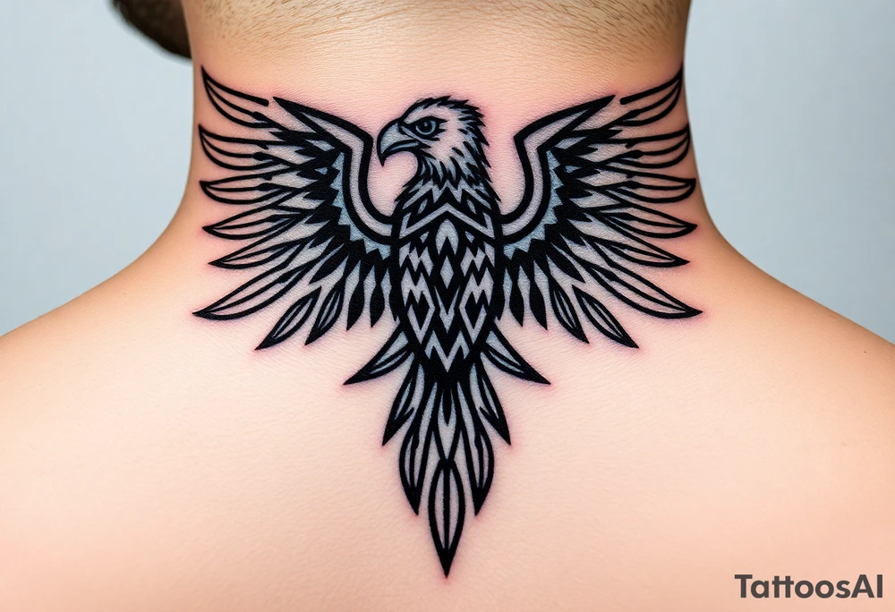 A tribal eagle in black ink with geometric patterns, seamlessly blending traditional and modern tattoo styles tattoo idea