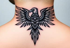 A tribal eagle in black ink with geometric patterns, seamlessly blending traditional and modern tattoo styles tattoo idea