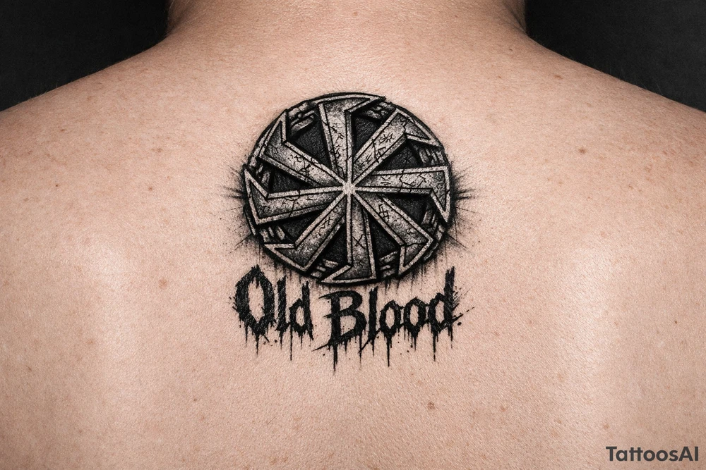 Old pagan Slavic kolovrat with Old Blood written in blood tattoo idea