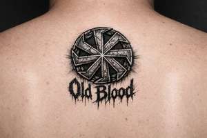 Old pagan Slavic kolovrat with Old Blood written in blood tattoo idea