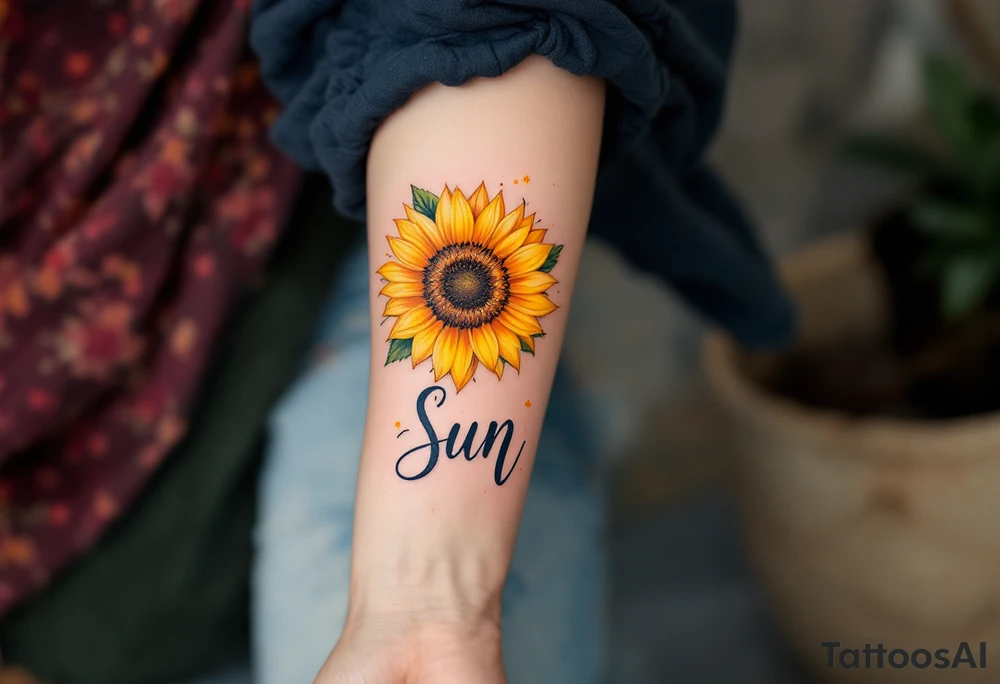 Word "Sun" written vertical with sunflower tattoo idea