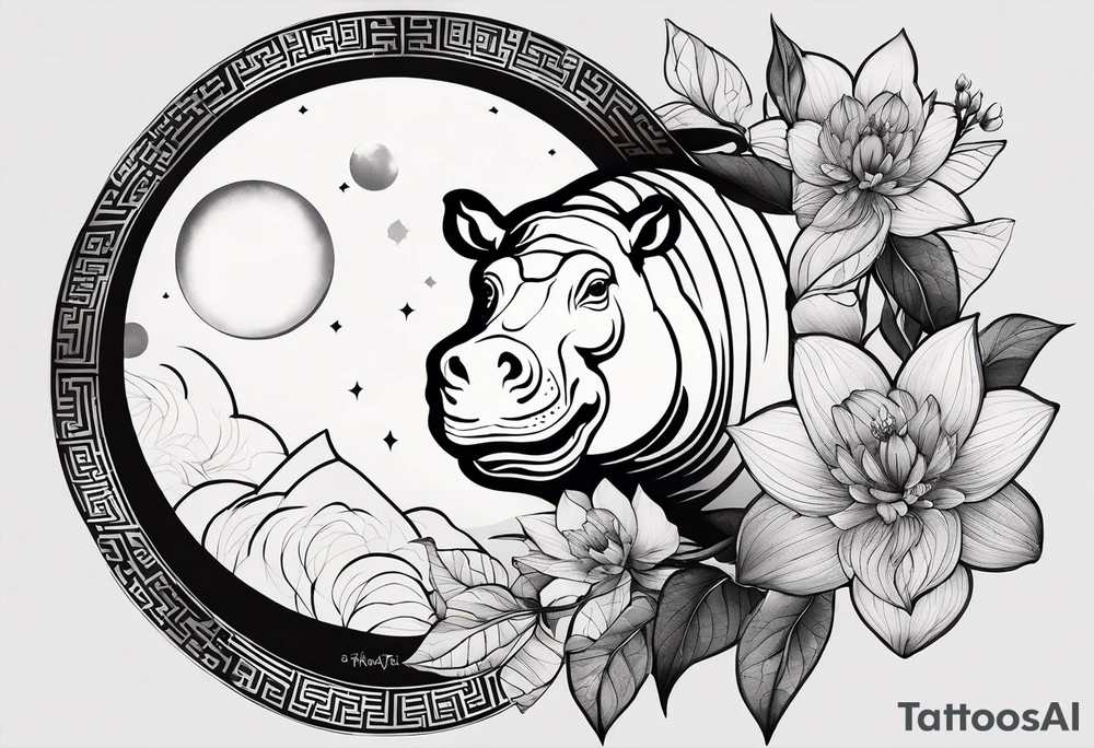 Very asymmetrical, +geometric pattern, with realistic full moon, with serious looking hippo, +zen feel, + Buddhism touch, +tribal, +geometric, +chinese inkart 
with wintersweet flower bud, +portrait orientation, +inkart touch, tattoo idea