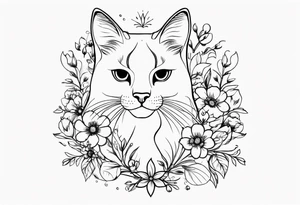 Make me a cat with fine features with flowers around it tattoo idea