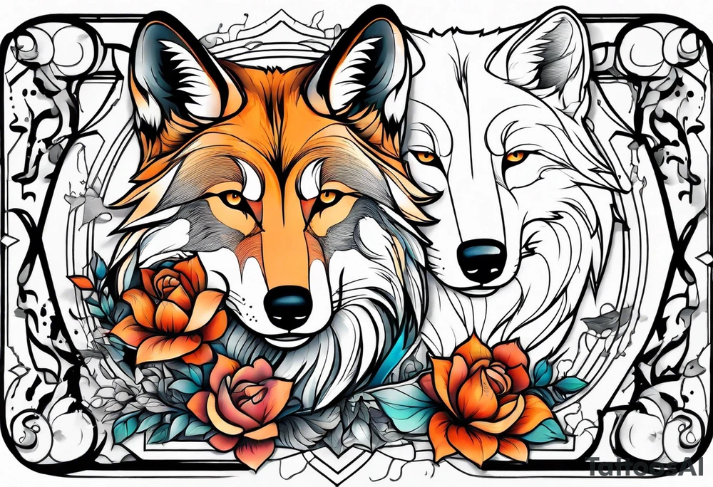 Wolf and fox nuzzling tattoo idea