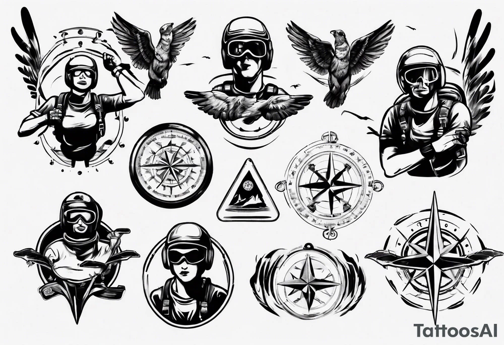 skydiving, shooting guns, adventure, compass tattoo idea