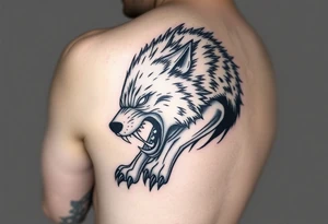 a tattoo of a creeping wolf with bared fangs, the tattoo is to be on the entire thigh and show the entire figure of the wolf that creeps, crouching low and baring its fangs tattoo idea